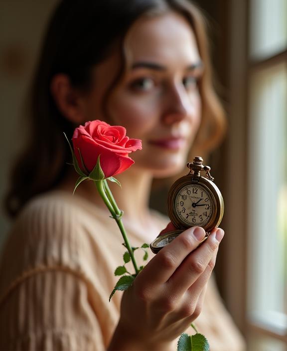 La fondatrice di Clessidra Botanica che tiene in mano una rosa e un antico orologio da tasca