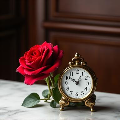 Rosa rossa stabilizzata accanto ad un orologio da tavolo