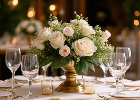 Tavolo da matrimonio elegantemente decorato con centrotavola floreali