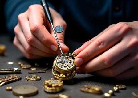Mani di un orologiaio che lavorano su un meccanismo di orologio antico