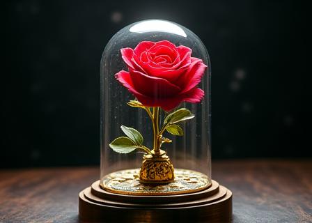 Rosa stabilizzata sotto una campana di vetro con ingranaggi